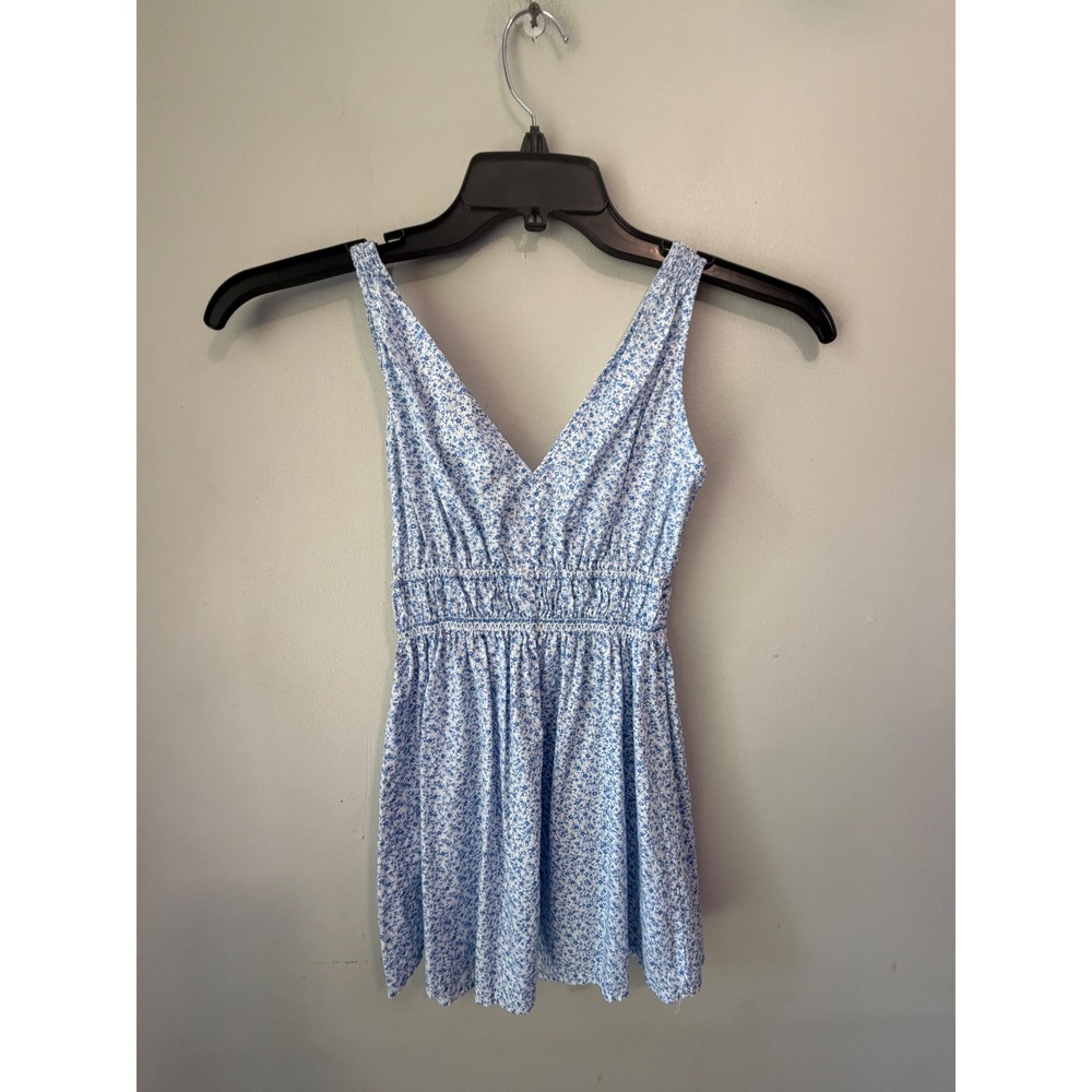 GAP Blue White Floral V-Neck Button Front Smocked Waist Mini Dress XS